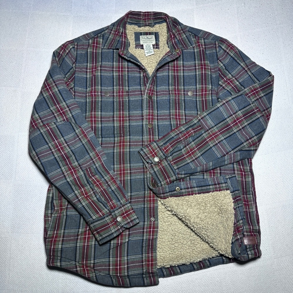 LL Bean Shirt Jacket Mens Small Flannel Sherpa Lined Plaid Gray Slightly Fitted
